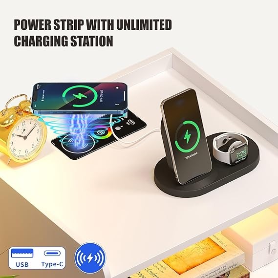 White LED Bedside Table with Charging Station & 3 Drawers | Modern Nightstand