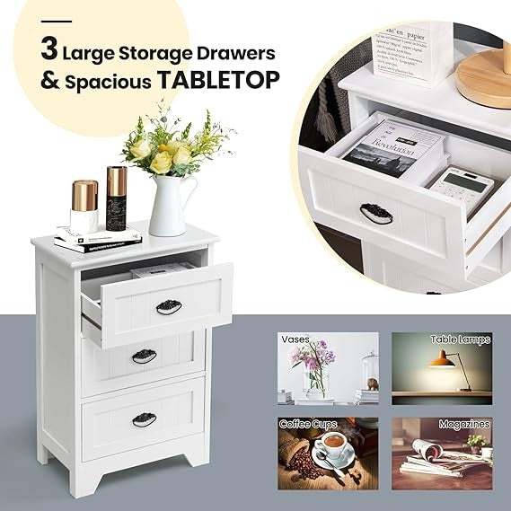 Modern White Bedside Table with 3 Drawers, Wooden Nightstand Storage Unit