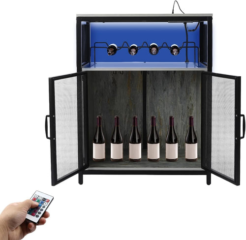 Industrial Wine Bar Cabinet with RGB Lights & Glass Holder Storage