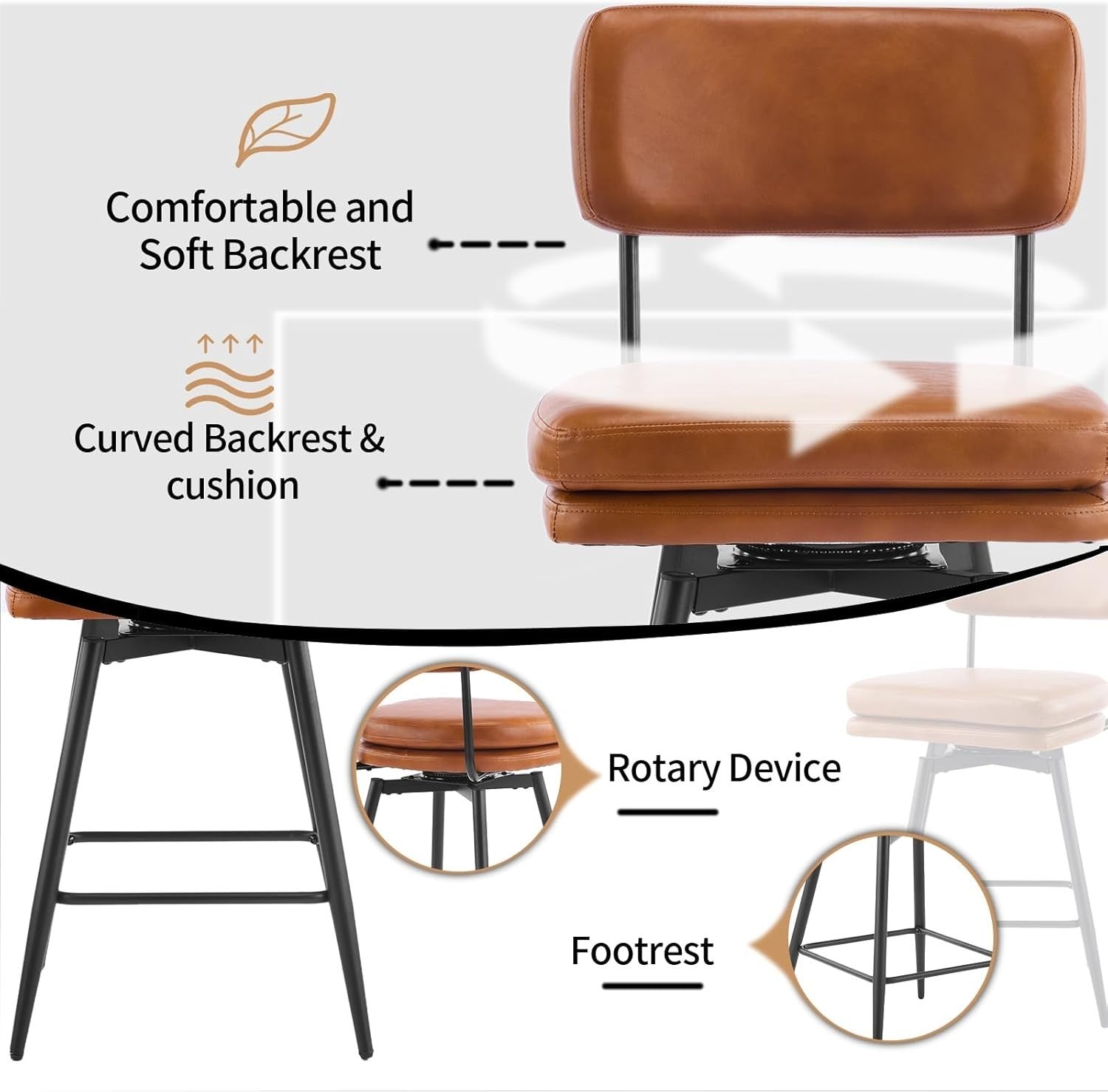 360° Swivel Bar Stools Set of 2 | Brown PU Leather Counter Chairs