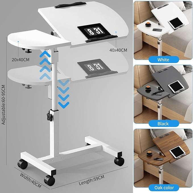 Adjustable Overbed Laptop Table White with Wheels Split Tilting Bedside Desk