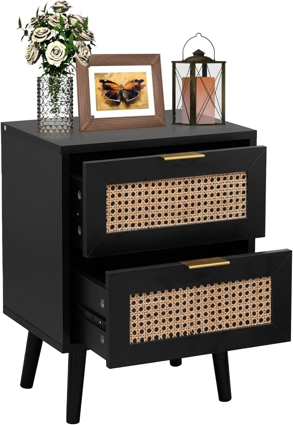 Modern Black Rattan Bedside Table with 2 Drawers Wooden Nightstand