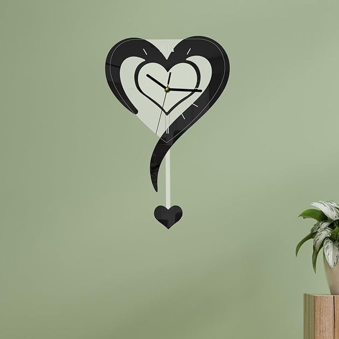 Black Heart Wall Clock Modern Silent Acrylic Hanging Décor for Bedroom Office