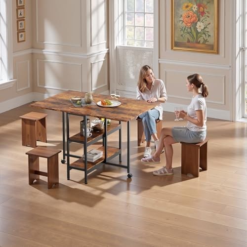 Brown Wooden Folding Drop Leaf Dining Table with Storage Shelves on Wheels