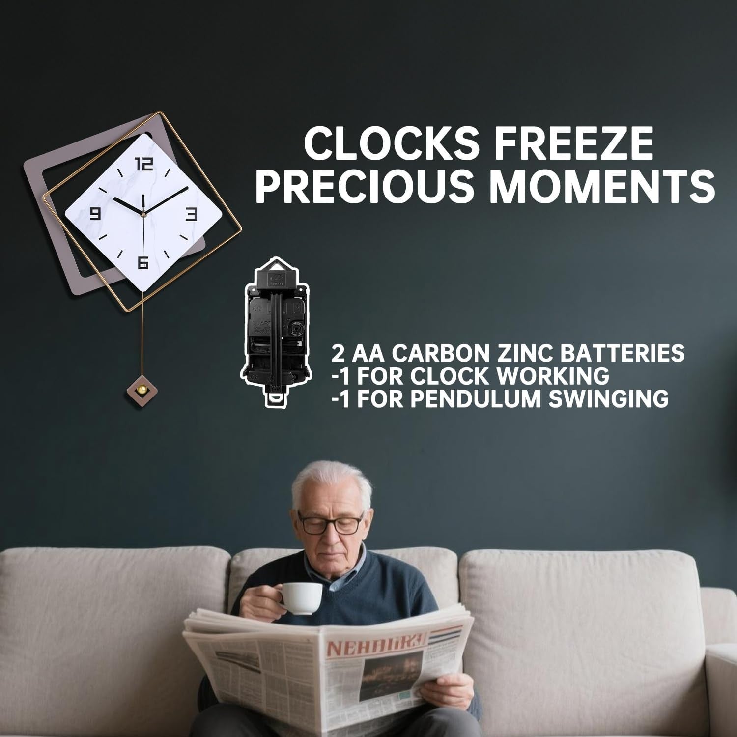 Modern Silent Wall Clock with Pendulum Large Quartz Battery Operated Decor