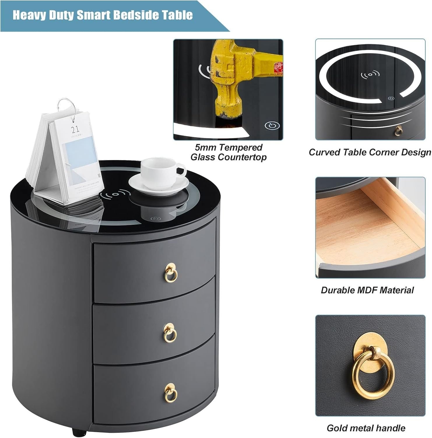 Set of 2 Luxury Round Bedside Tables with Wireless Charging & LED Lights