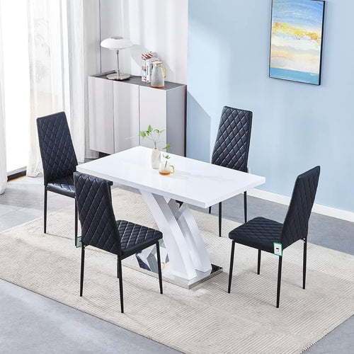 White High Gloss Extendable Dining Table 4 Black Chairs Modern Kitchen Set