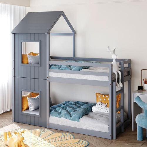 3FT Grey Treehouse Bunk Bed Kids Solid Wood Frame with Canopy Ladder Safety Rail