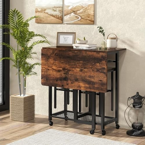 Foldable Drop Leaf Dining Table Set with Storage Shelves, Wine Rack & Stools