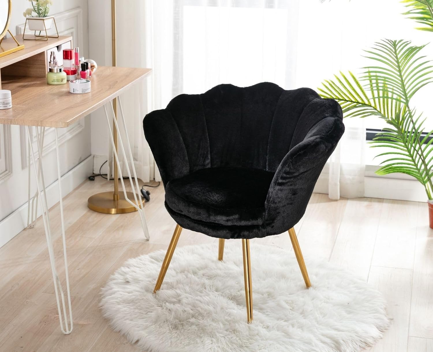Black Velvet Lounge Chair Gold Legs | Petal Back Armchair for Bedroom