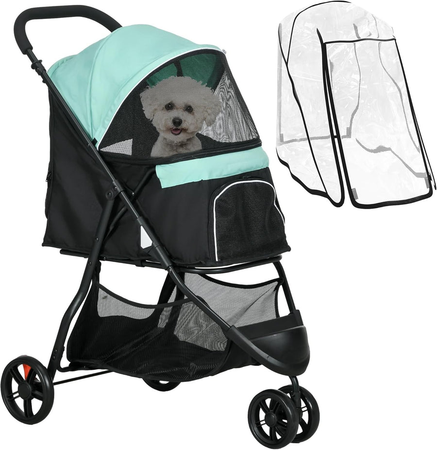 Green 3 Wheel Dog Pushchair Foldable Pet Pram with Rain Cover