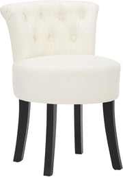Beige High-Back Vanity Stool with Wooden Legs – Comfy Dressing Table Chair