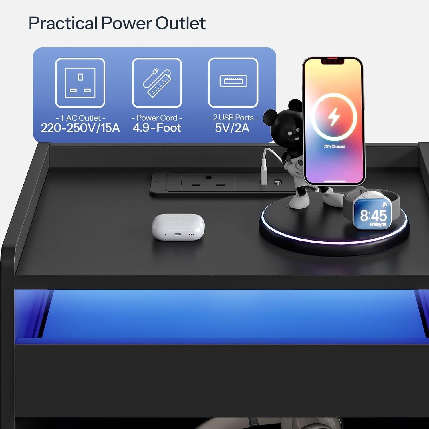 Smart LED Bedside Table with Charging Station & 3 Drawers – Modern Black