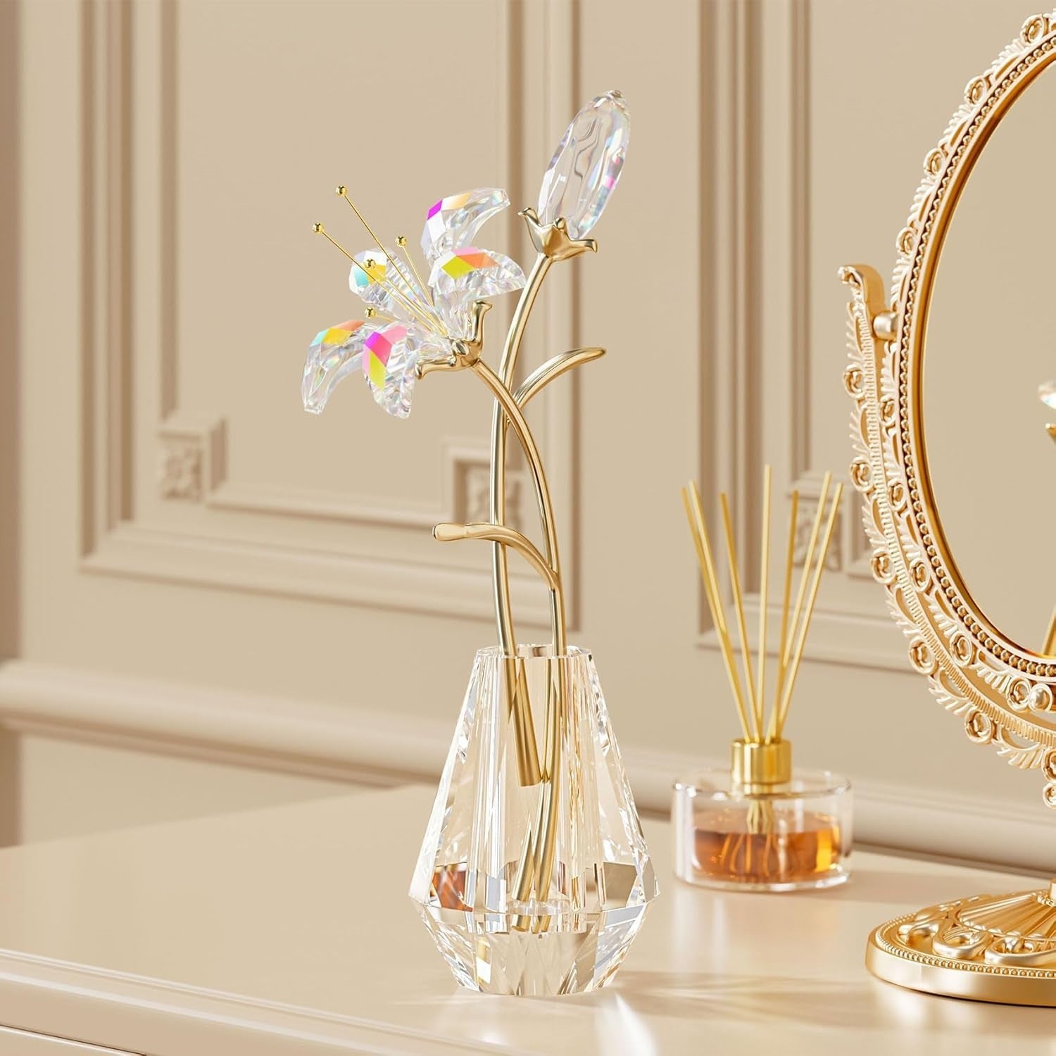 Clear Crystal Lily Flower Ornament • Luxury Glass Vase Figurine