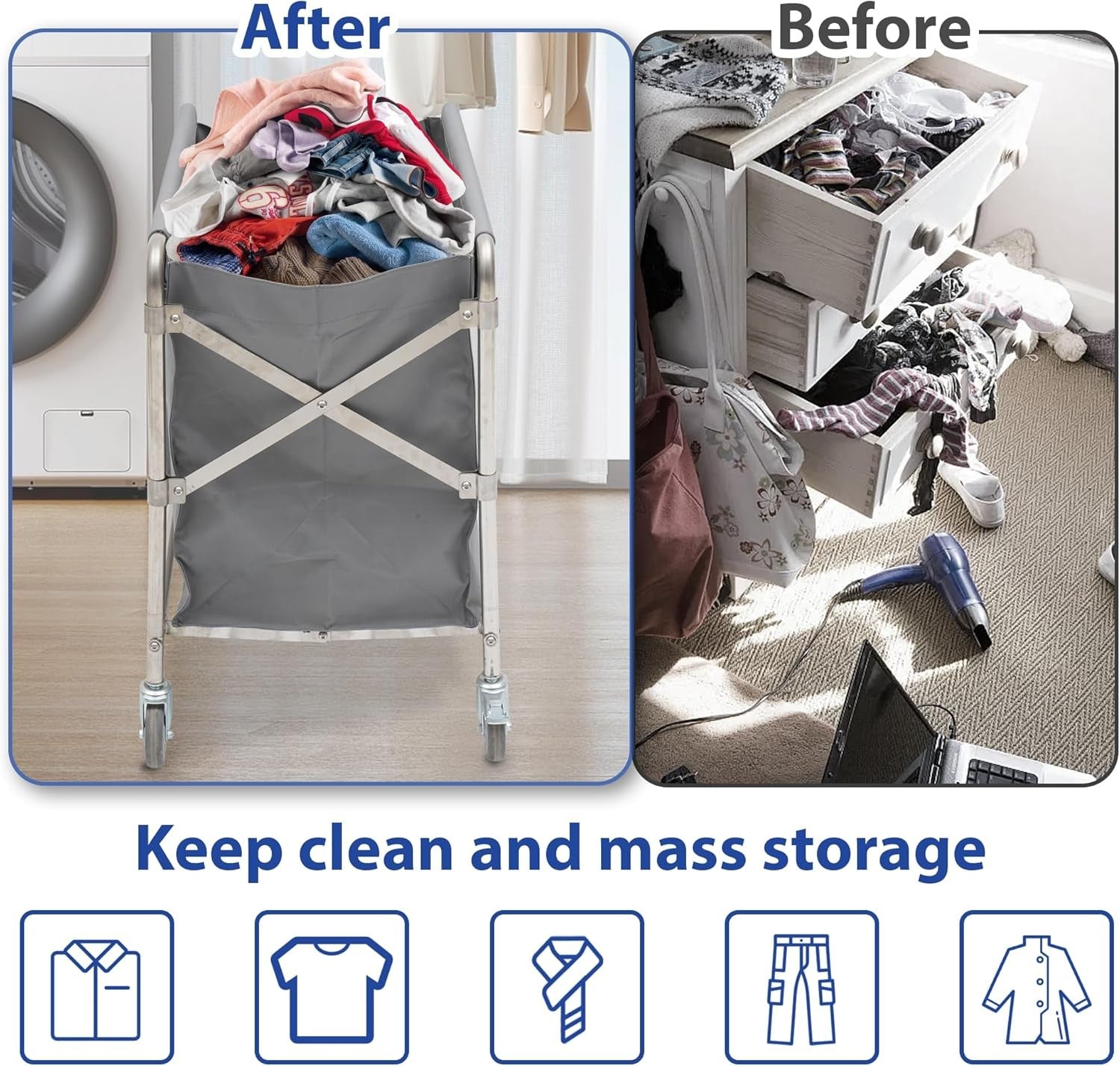 Stainless Steel Laundry Trolley with Wheels Heavy Duty 100kg Large Basket 87x52c