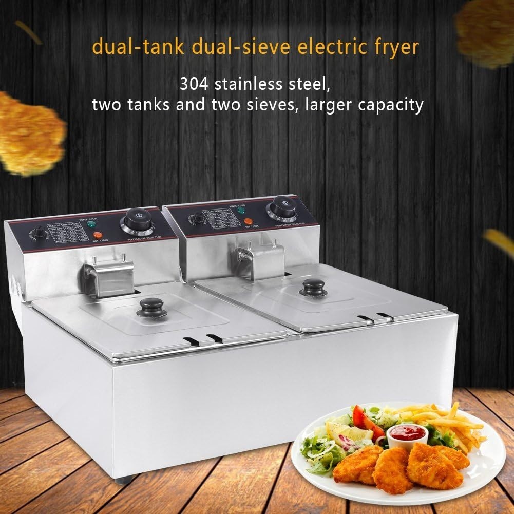 Commercial Double Deep Fat Fryer 12L 3000W Stainless Steel Dual Tank