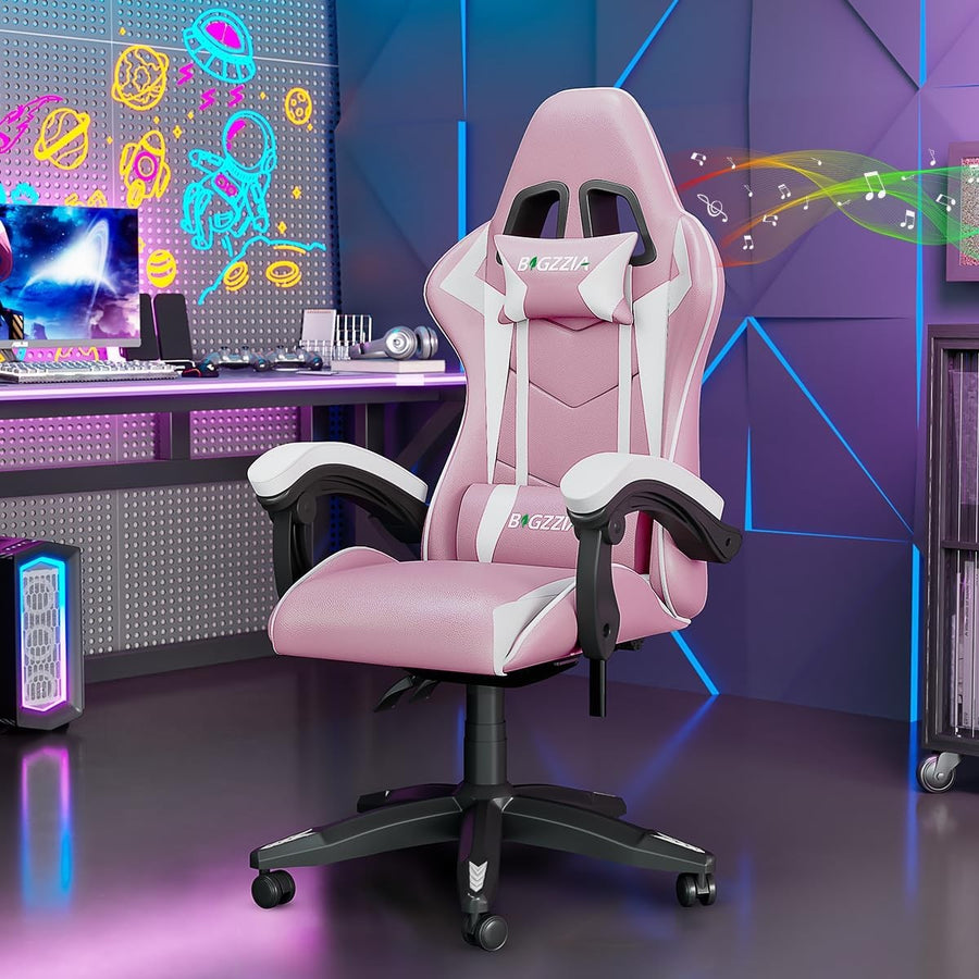 Gaming Chair Pink w/ Bluetooth Speakers Reclining Ergonomic