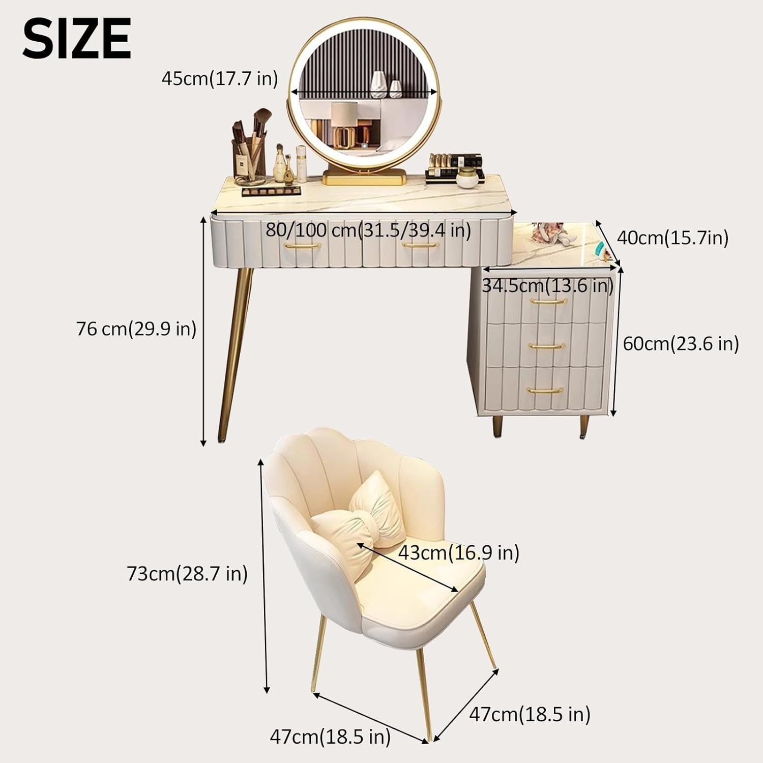 Modern Dresser & Nightstand Set, 5 Drawer Storage, Makeup Mirror LED Light, Bedr