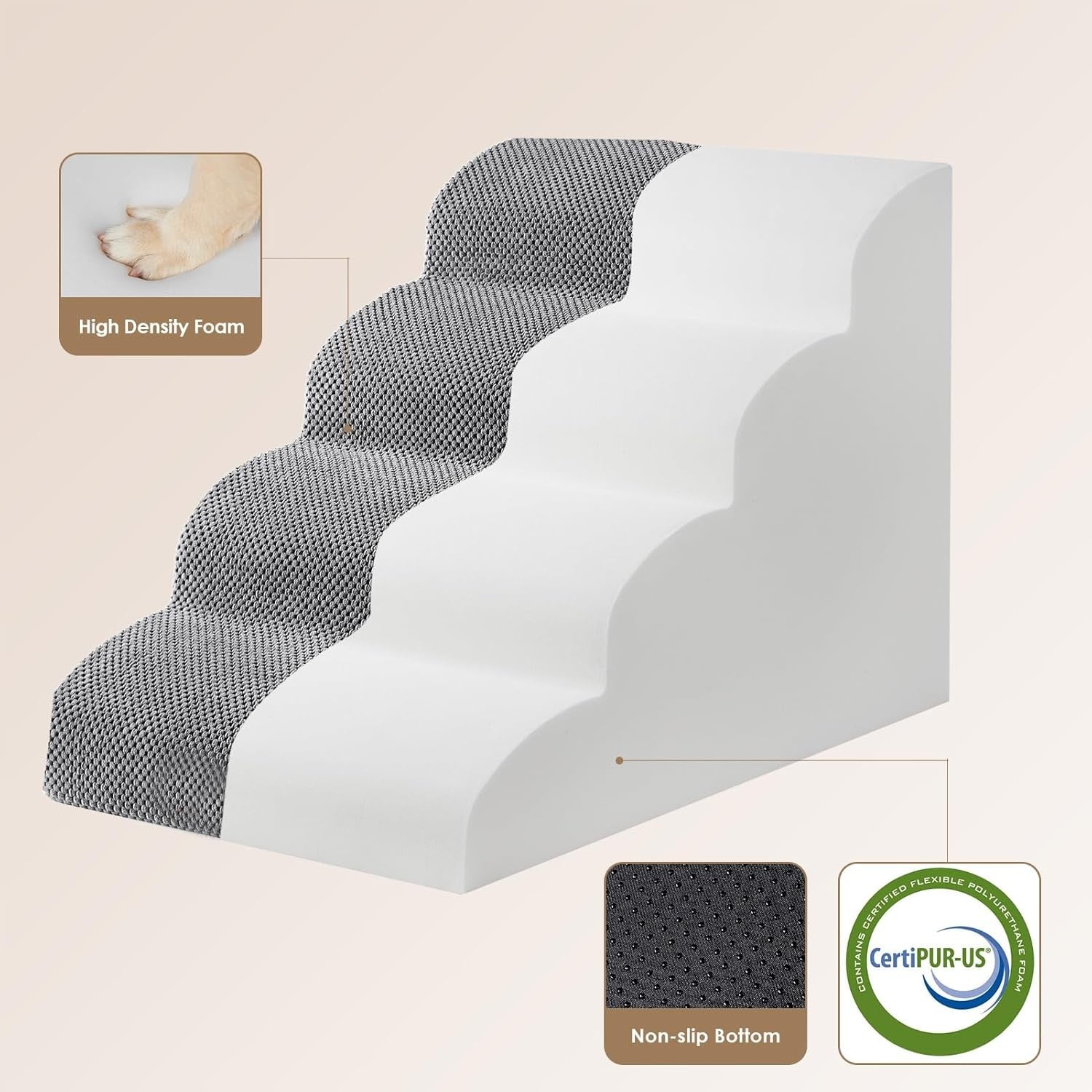 4 Step Dog Stairs for High Bed Non Slip Foam Pet Steps Washable Grey