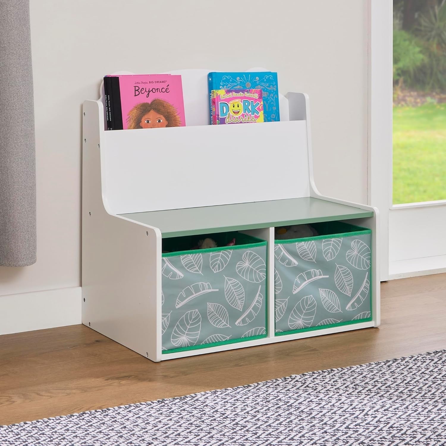 Kids Teddy Bear Bookcase with Seat &Storage Bins – H60xW61.5xD50cm