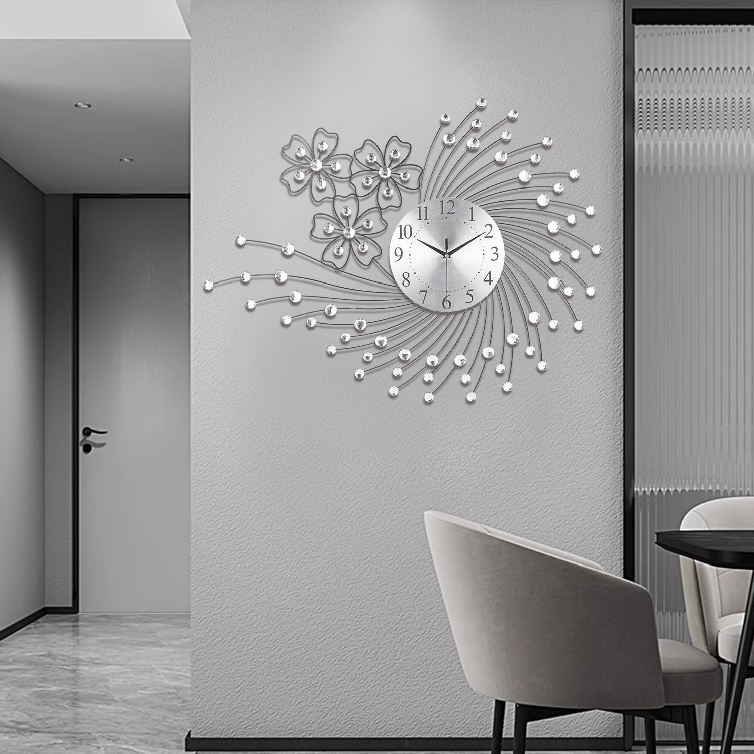 83×63cm Large Silver Wall Clock – Silent Quartz Modern Oversized Art Design