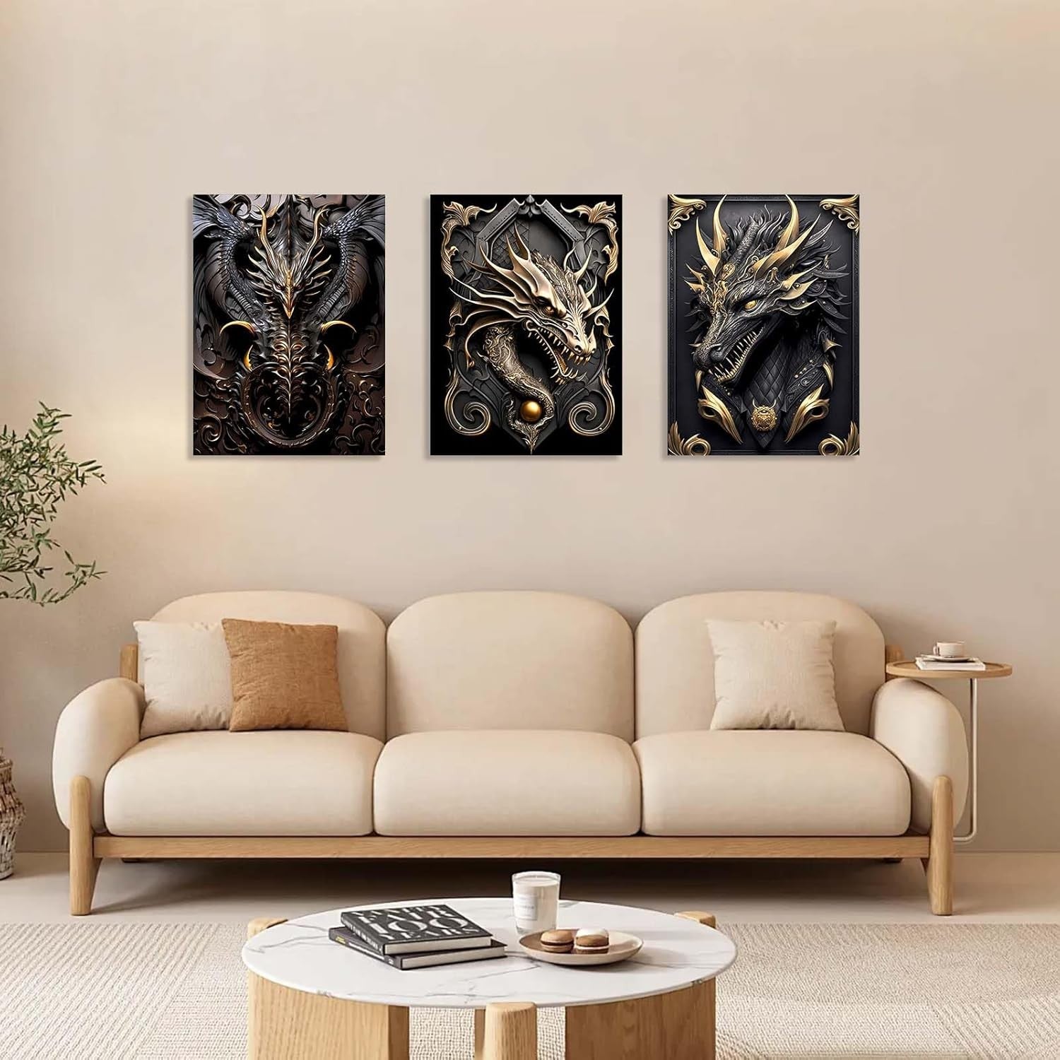 Set of 3 Dragon Canvas Wall Art 12x16 Framed Black Gold Fantasy Decor