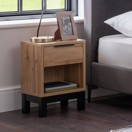Modern Oak Wood Bedside Table | 1 Drawer Nightstand with Open Shelf & Black Legs