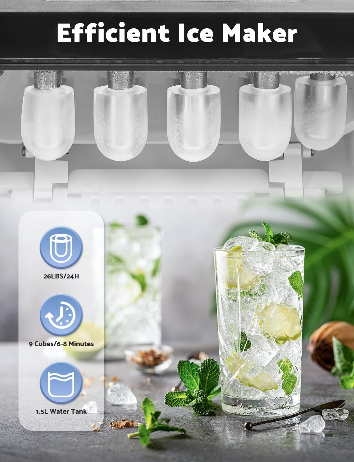Compact Countertop Ice Maker 12Kg/24h, 9 Cubes Ready in 6 Mins, Portable