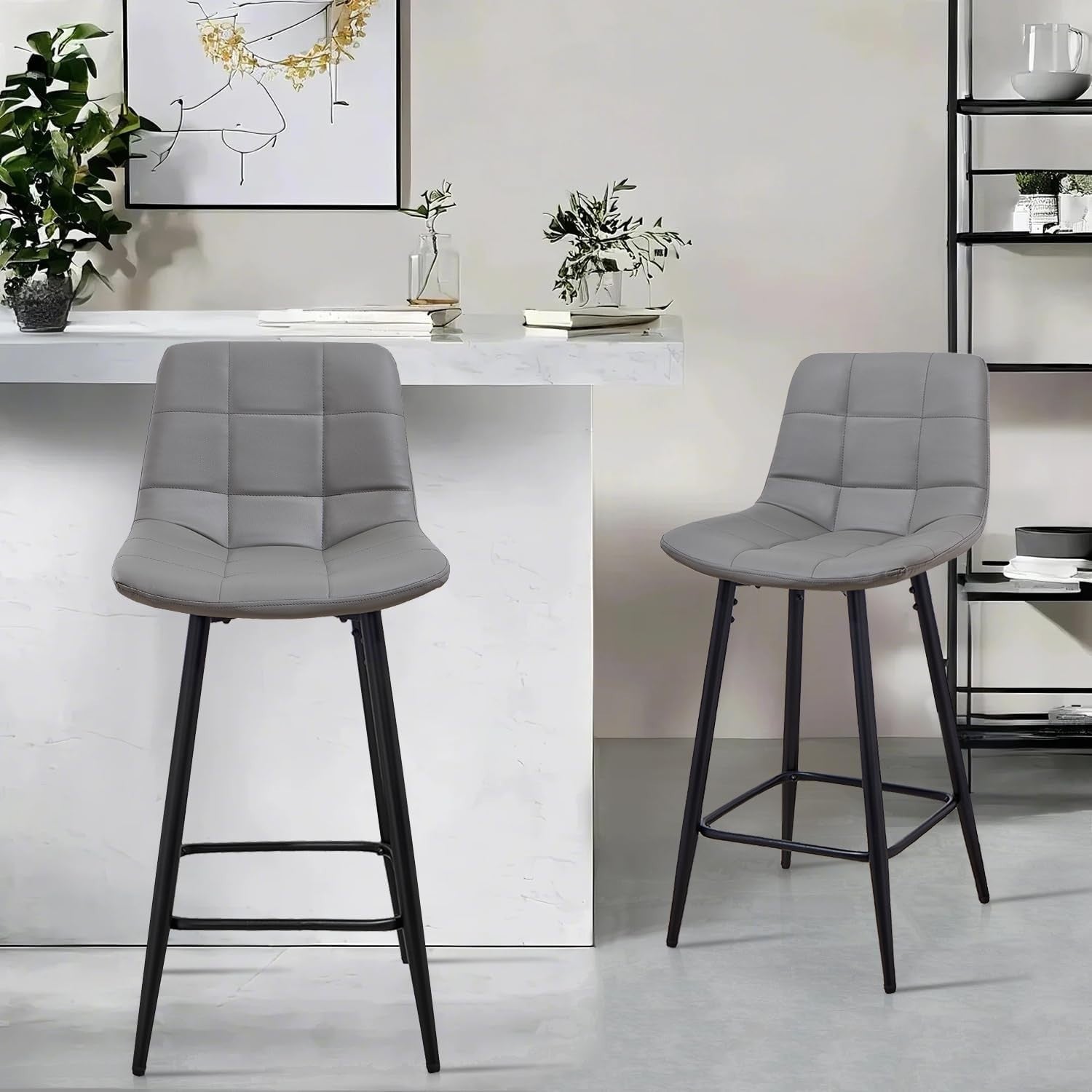 Grey PU Leather Bar Stool Set 2 – Modern Kitchen Counter Chairs