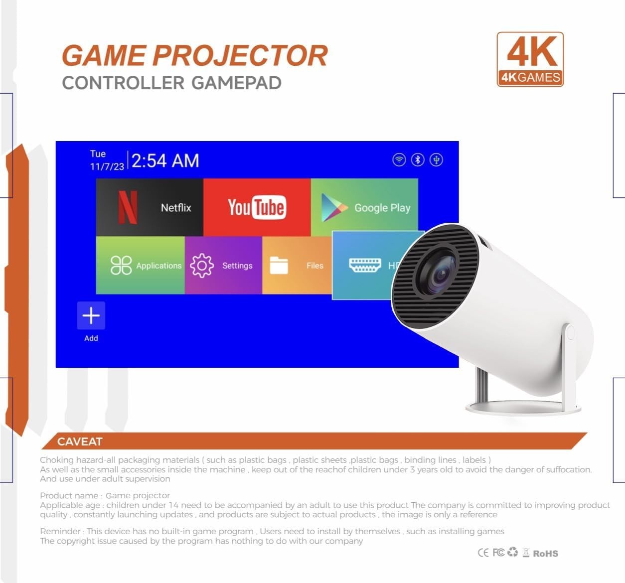 Smart Game Projector 1080P 4K WiFi 6 Bluetooth Android Auto Focus 180°