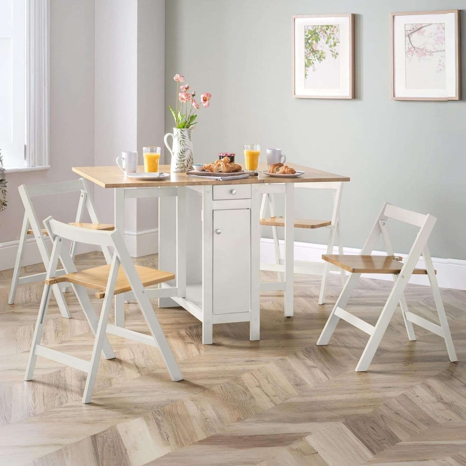 Compact Dining Table Set with Storage Cabinet Foldable Chairs White Oak