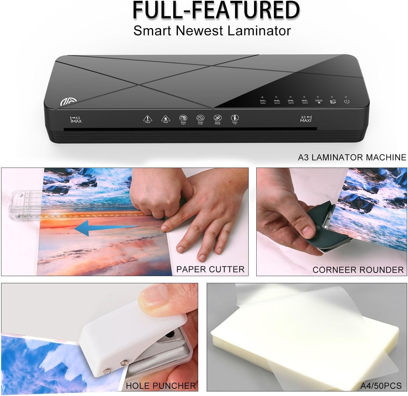 A3 Laminator 6-in-1 Touch Control 60s Warm Up No Jam + 30 Sheets