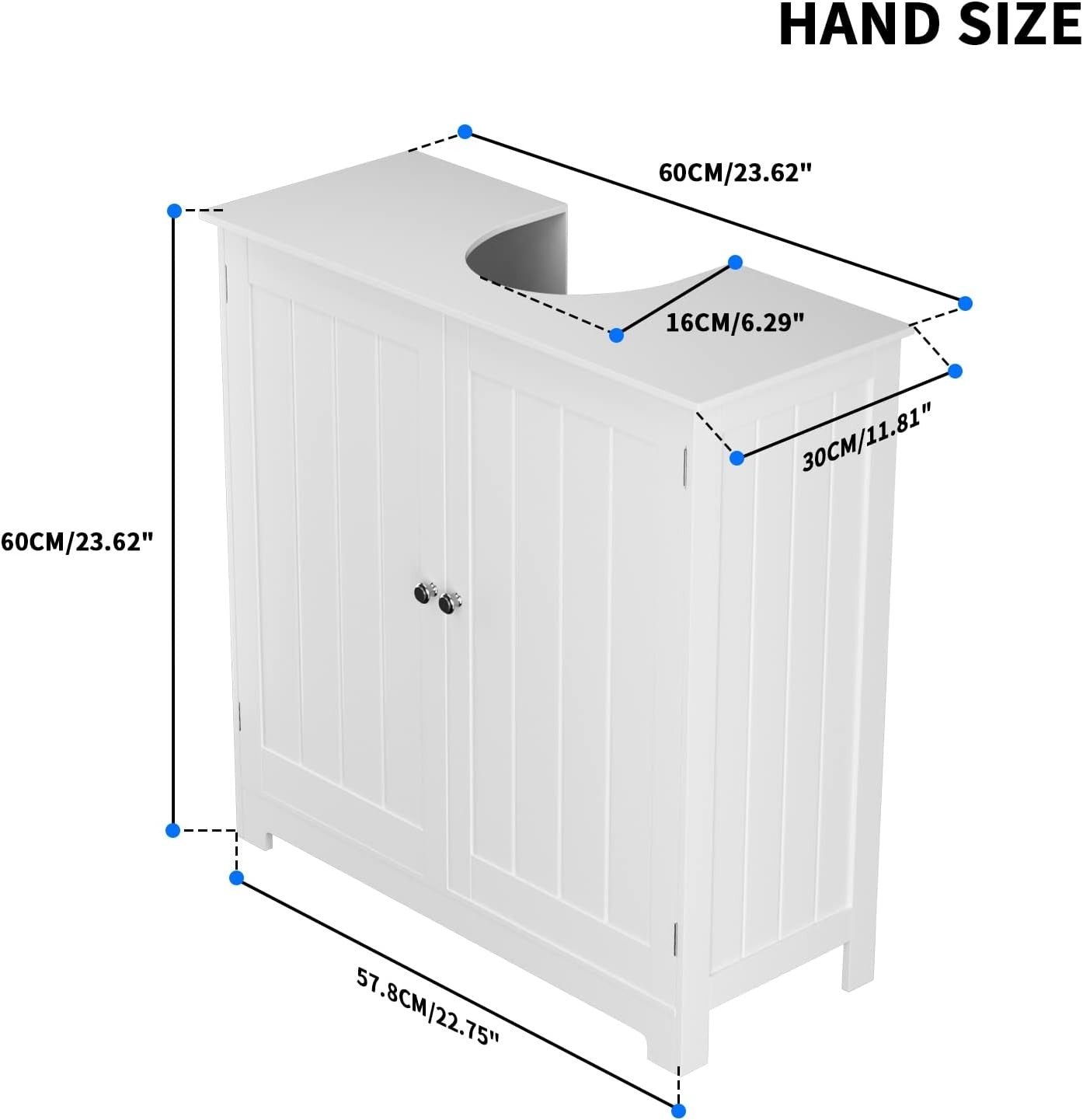 White Under Sink Bathroom Cabinet 60x30x60cm Waterproof Storage Cupboard