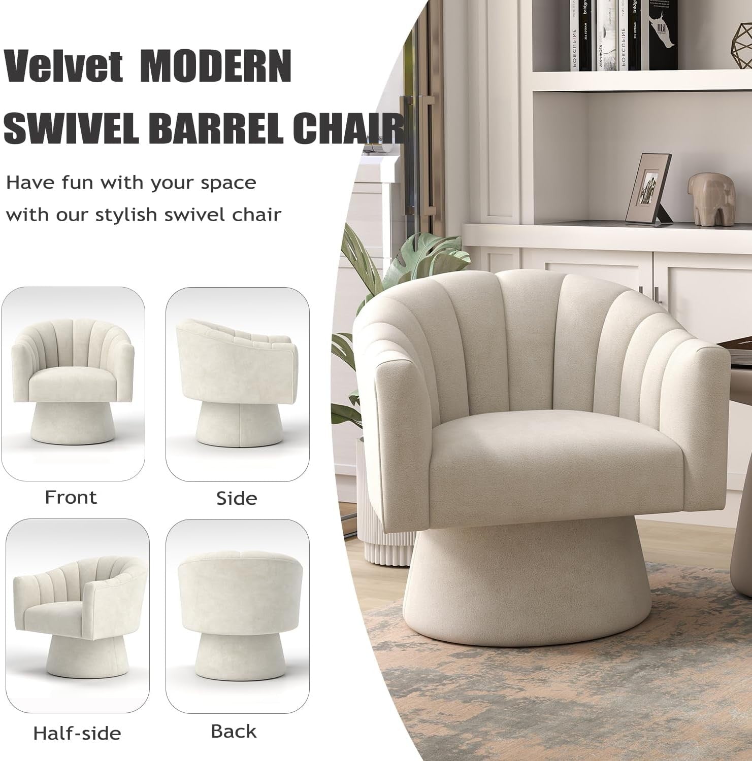 Beige Velvet Swivel Accent Chair 360° Barrel Lounge Armchair