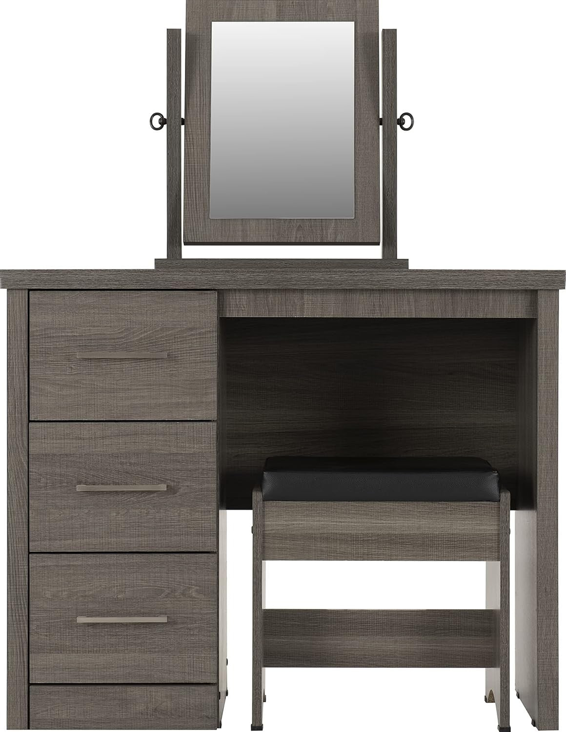 3 Drawer Vanity Dressing Table Set w/ Mirror & Padded Stool Black Wood Grain