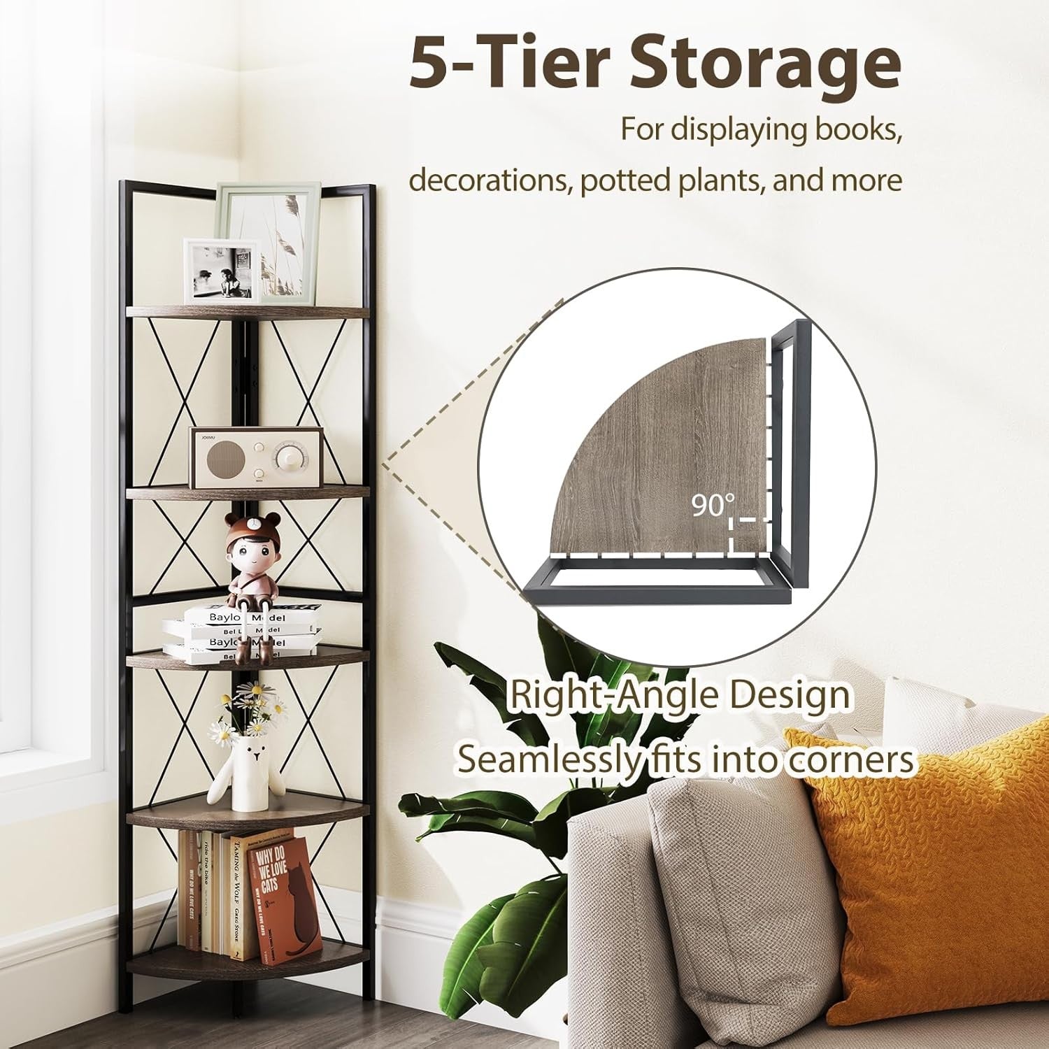 5 Tier Corner Ladder Shelf Oak Wood Display Unit Adjustable Foot Pads 35x35x160