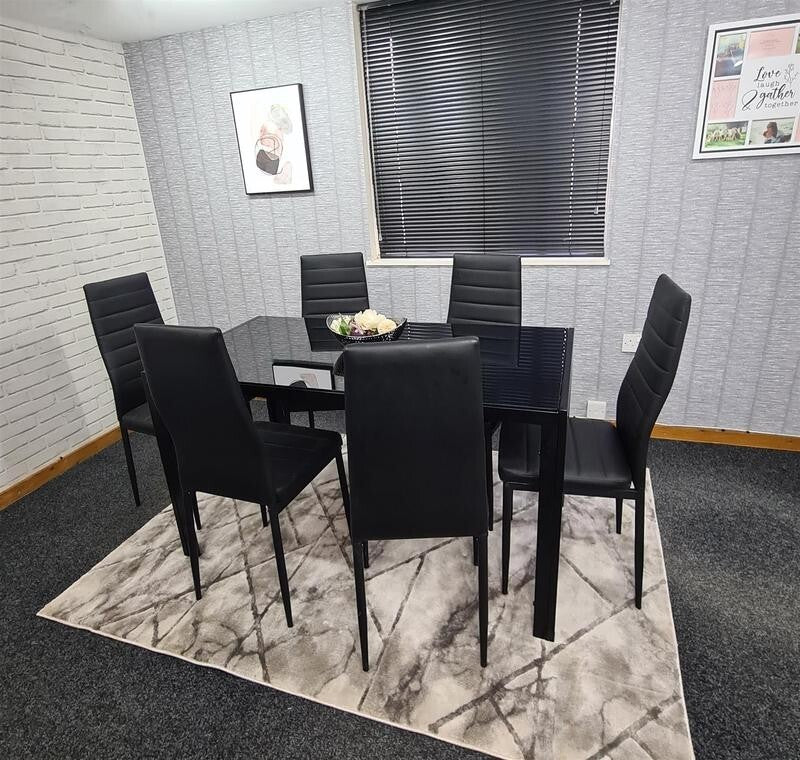 Black Glass Dining Table Set with 6 Leather Chairs Modern 6 Seater 134cm