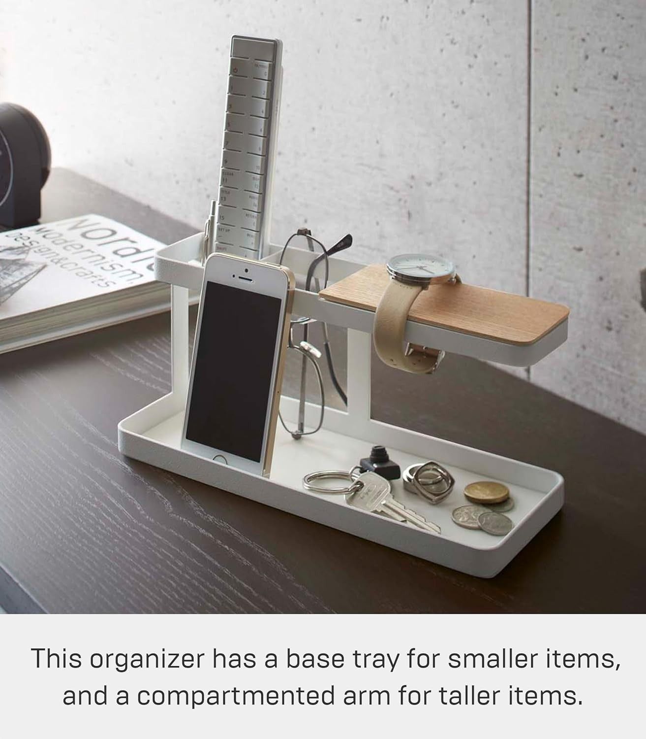 Minimalist Tower Desk Organizer with 4 Compartments – White Wood/Steel