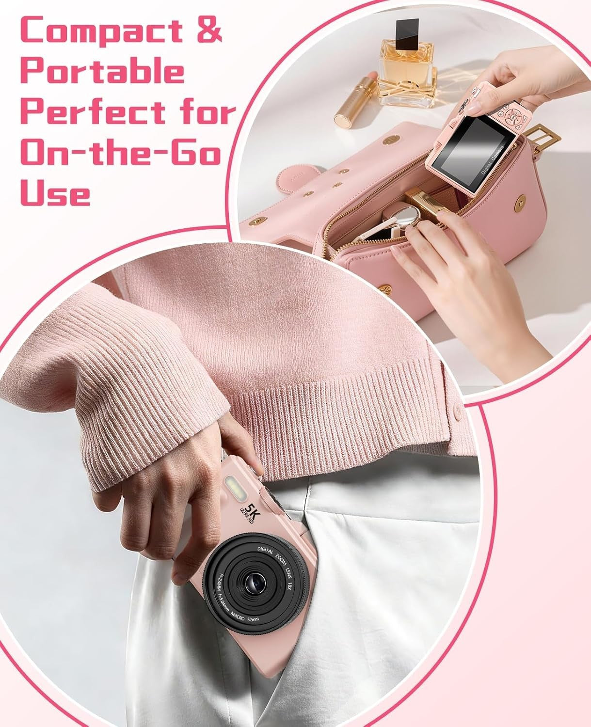 5K 75MP Vlogging Camera WiFi Flip Screen Zoom Camera Pink 64GB