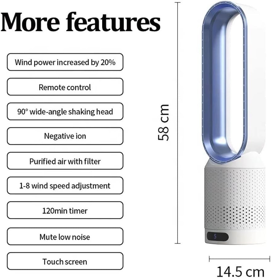 Bladeless Tower Fan 2-in-1 Air Purifier 8-Speed LED Touch Remote Control Blue