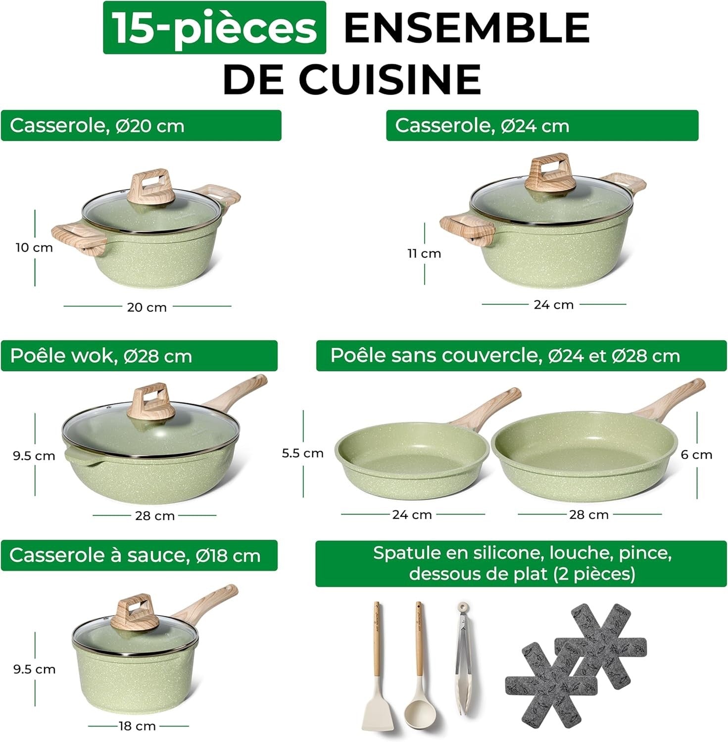 15pcs Green Granite Induction Non Stick Cookware Set Pots & Pans Eco Friendly