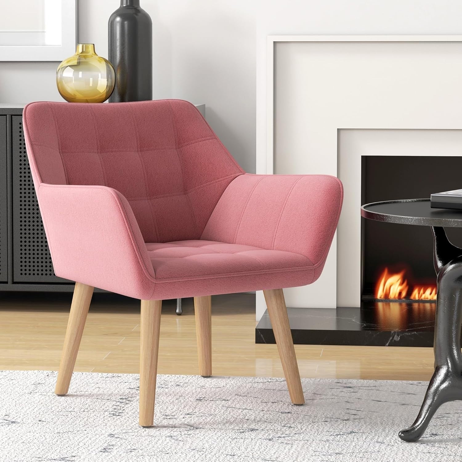 Pink Velvet Armchair Wide Arm Accent Chair Modern Bedroom Vanity Seat