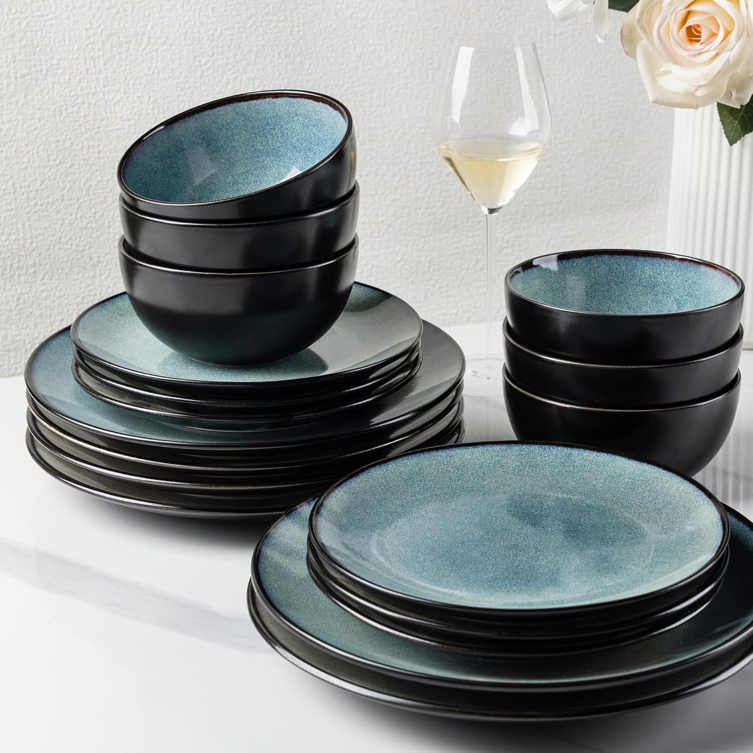 18 Piece Stoneware Dinner Set Plates Bowls Scratch Resistant Dishwasher Safe