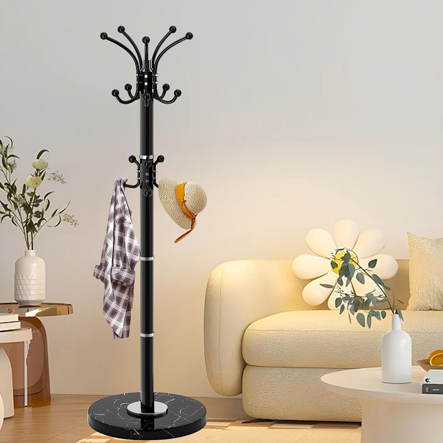 Modern 360° Rotating Metal Coat Rack with Marble Base | 14 Hook Stand
