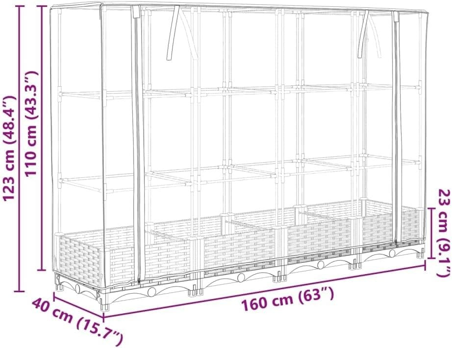 Large Rattan Look Garden Planter with Greenhouse Cover – 160x40x23cm