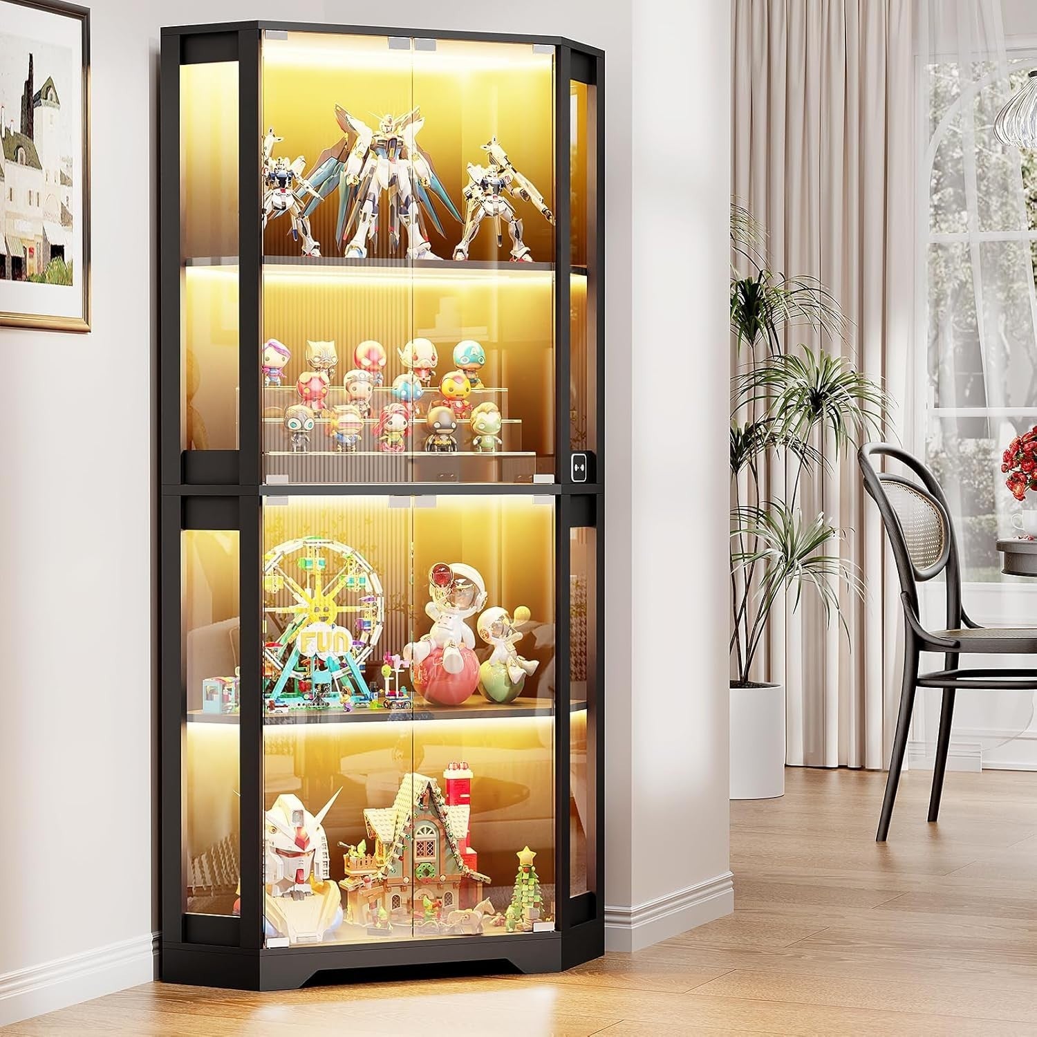Large Corner Display Cabinet with LED Lights & Human Sensor, 4-Tier, Dustproof