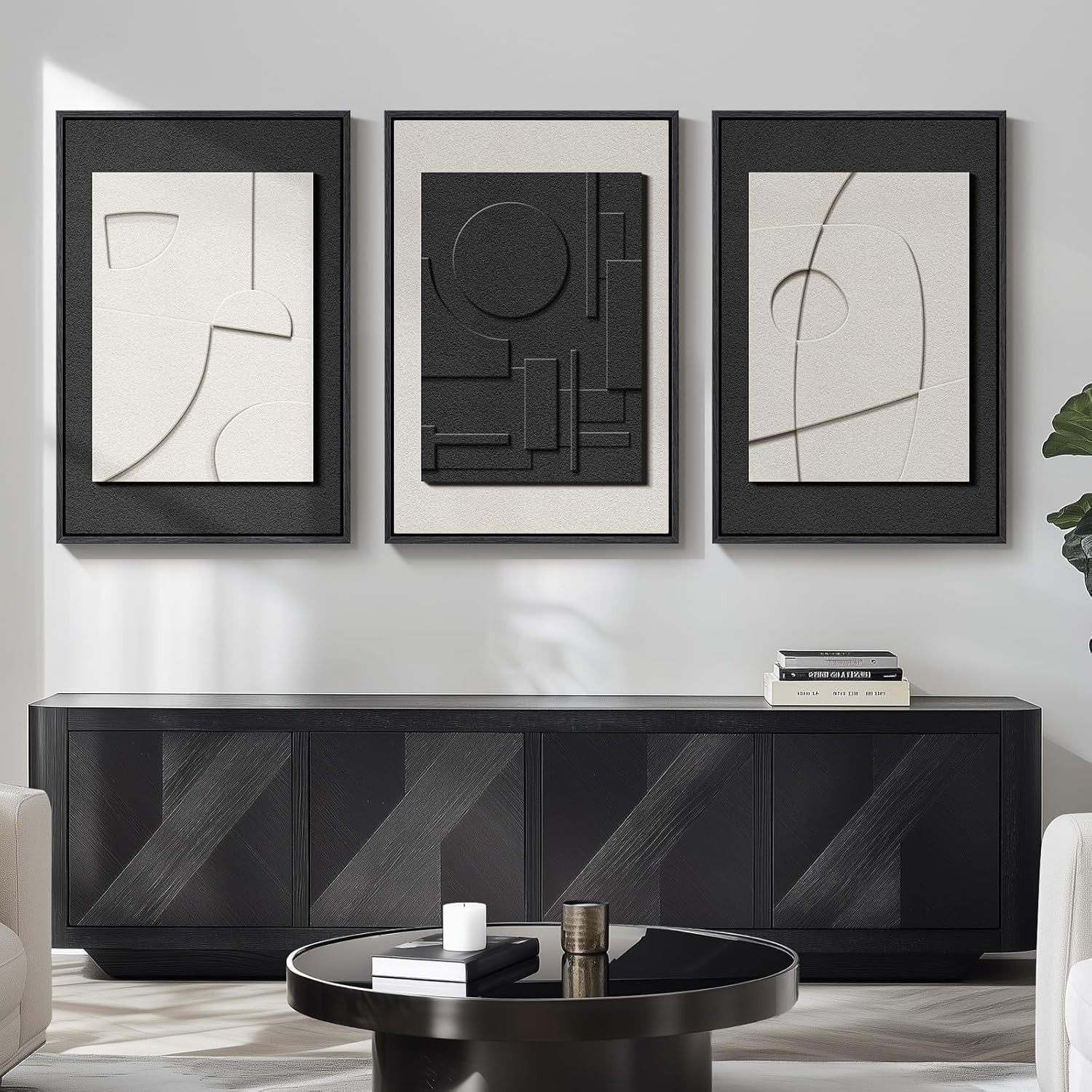 Large 3D Textured Wall Art 3pc 24x36in Black White Framed