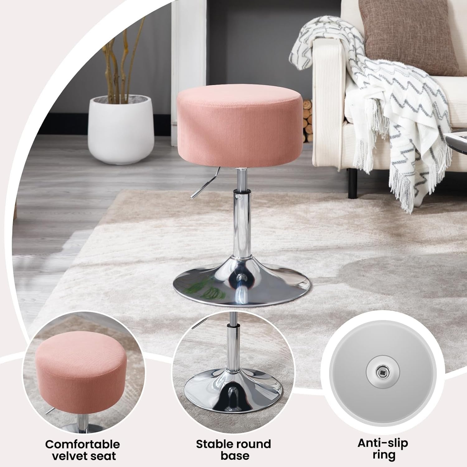 Set of 2 Pink Corduroy Swivel Stools Height Adjustable Round Vanity Seats