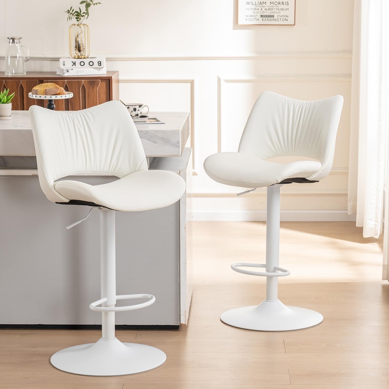 Adjustable Bar Stool 1pc White PU Leather Swivel Counter Kitchen Chair