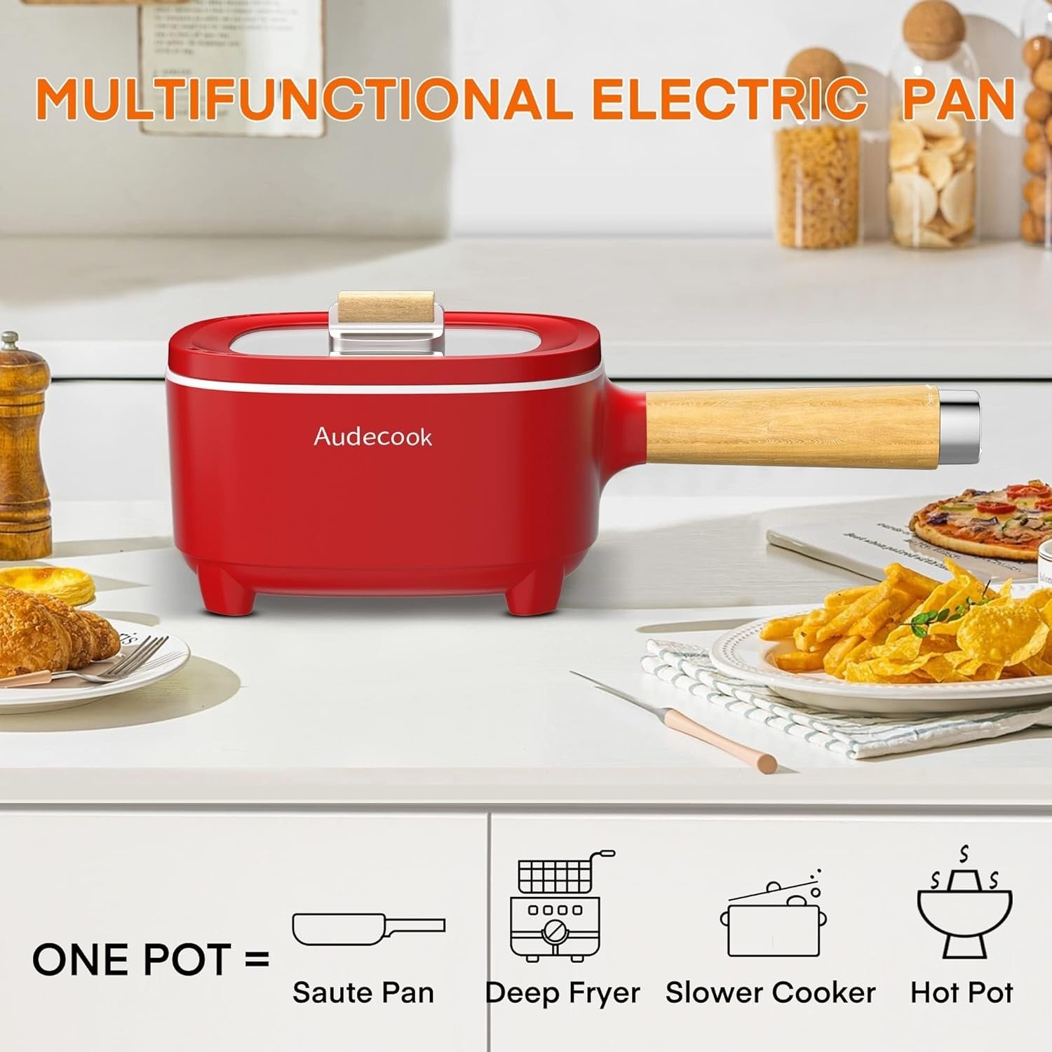 Electric Hot Pot Multi-Cooker 2L Non-Stick Ceramic Pan Portable Cooking